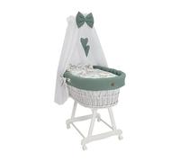 Wiklinopol Moisés con dosel Lena - Moisés de mimbre con estructura - Cesta para bebé en color blanco, juego completo con 5 piezas, ropa de cama de cervatillo caqui, con ruedas, portátil, segura