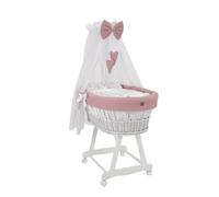 Wiklinopol Moisés con dosel Lena - Moisés de mimbre con estructura - Cesta para bebé en color blanco, juego completo con 5 piezas, ropa de cama de conejito rosa - con ruedas, portátil, segura