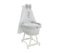 Wiklinopol Moisés con dosel Lena - Moisés de mimbre con estructura - Cesta para bebé en color blanco, juego completo con 5 piezas, ropa de cama con diseño de erizos y amigos, gris, con ruedas