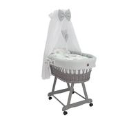 Wiklinopol Moisés con dosel Lena - Moisés de mimbre con estructura - Cesta para bebé en color gris, juego completo con 5 piezas, ropa de cama con diseño de erizos y amigos, gris, con ruedas, portátil