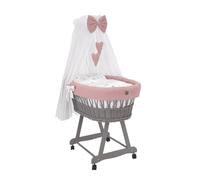 Wiklinopol Moisés con dosel Lena - Moisés de mimbre con estructura - Cesta para bebé en color gris, juego completo de 5 piezas - Juego completo de ropa de cama con diseño de conejito rosa - con ruedas