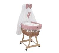 Wiklinopol Moisés con dosel Lena - Moisés de mimbre con estructura - Cesta para bebé en color natural, juego completo con 5 piezas, ropa de cama de conejito rosa - con ruedas, portátil, segura