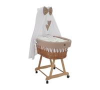 Wiklinopol Moisés con dosel Lena - Moisés de mimbre con estructura - Cesto para bebé en color natural, juego completo con 5 piezas, ropa de cama de conejo, beige, con ruedas, portátil, segura