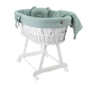 Wiklinopol - Moisés de mimbre con estructura y colchón Amelia - Moisés blanco - Juego de ropa de cama de muselina en color dorado caqui - Cesta de mimbre portátil, ideal para recién nacidos