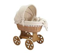 Wiklinopol Moisés de Mimbre para Bebé con Soporte de Madera y Ruedas Annabell - Cuna con Colchón y Ropa de Cama 5 Piezas Muselina Beige - Cochecito Natural para Recién Nacido