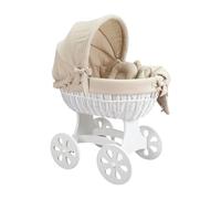 Wiklinopol Moisés de Mimbre para Bebé con Soporte de Madera y Ruedas Annabell - Cuna con Colchón y Ropa de Cama 5 Piezas Muselina Beige - Cochecito Blanco para Recién Nacido