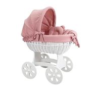 Wiklinopol Moisés de Mimbre para Bebé con Soporte de Madera y Ruedas Annabell - Cuna con Colchón y Ropa de Cama 5 Piezas Muselina Rosa - Cochecito Blanco para Recién Nacido