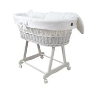 Wiklinopol Moseskorb Amelia - Cesto moisés/bassinet de mimbre con estructura y colchón, color blanco, juego de sábanas de muselina en color blanco, cesta de mimbre, portátil, ideal para recién nacidos