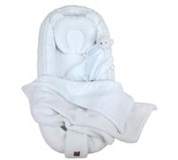 WIKLINOPOL Set Babynest Blanco - Baby Nest para recién nacido, nido & cocoon con cojín Bärchen, manta & dou dou - Canastilla bebé transpirable de muselina & peluche Teddy