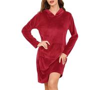 Wikoan Camisón de Mujer Camisón de Manga Larga Camisón de Invierno | Camisones de manga larga con cuello en V para mujer, bolsillo frontal, longitud hasta la rodilla, ropa de descanso térmica