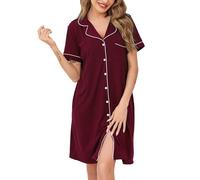 Wikoan Camisones de Mujer Clásicos con Cuello en V y Suaves Largos Abotonados con Bolsillos,Borgoña,XXL