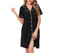 Wikoan Camisones de Mujer Clásicos con Cuello en V y Suaves Largos Abotonados con Bolsillos,Negro,L