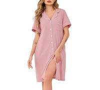 Wikoan Camisones de Mujer Clásicos con Cuello en V y Suaves Largos Abotonados con Bolsillos,Rosa,L