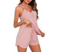 Wikoan Pijama Mujer Súper Suave de Pijama de Verano para Mujer Cuello en V 2 Piezas Top y Pantalones Cortos para Dormir con Bolsillos Cordón C-Rosa,XXL