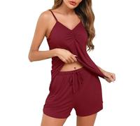 Wikoan Pijama Mujer Súper Suave de Pijama de Verano para Mujer Cuello en V 2 Piezas Top y Pantalones Cortos para Dormir con Bolsillos Cordón D-Borgoña,XXL