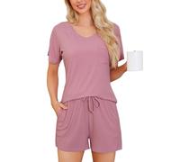 Wikoan Pijama Mujer Verano, Conjunto de Pijama de Verano para Mujer Cuello en V 2 Piezas Top y Pantalones Cortos para Dormir con Bolsillos,Rosa Haba,XXL