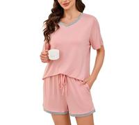 Wikoan Pijamas de Mujer con Cuello en V Suaves Pantalones Cortos Conjunto de Pijama de Manga Corta de Dos Piezas,Rosa Carne,M
