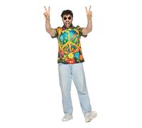 Wilbers & Wilbers 5782 - Camisa hawaiana con motivo de paz y flores, manga corta, camisa, top, conjunto festival, camisa de playa, camisa de fiesta verano