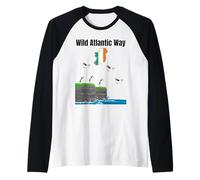 Wild Atlantic Way Puffin Colony Irlanda Mapa Viajes Souvenir Camiseta Manga Raglan