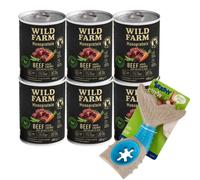 Wild Farm Monoprotein Beef 6x400g alimento hipoalergénico para perros & Juguete masticable de hueso de perro de 18 cm (patrón aleatorio)