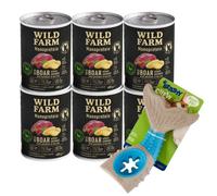 Wild Farm Monoprotein Jabalí 6x400g alimento hipoalergénico para perros & Juguete masticable de hueso de perro de 18 cm (patrón aleatorio)
