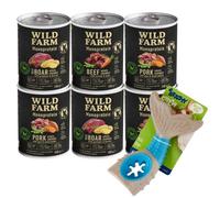 WILD FARM Monoproteínová zmes príchutí 6x400g hypoalergénne krmivo pre psov & Juguete masticable de hueso de perro de 18 cm (patrón aleatorio)