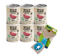 Wild Farm Pate Beef 6x400g comida para perros sin gluten & Juguete masticable de hueso de perro de 18 cm (patrón aleatorio)