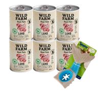 Wild Farm Pate Cordero 6x400g comida para perros sin gluten & Juguete masticable de hueso de perro de 18 cm (patrón aleatorio)