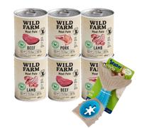 WILD FARM Pate Mix Smaków 6x400g alimento sin gluten para perros & Juguete masticable de hueso de perro de 18 cm (patrón aleatorio)