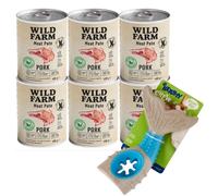 Wild Farm Pate Pork 6x400g comida para perros sin gluten & Juguete masticable de hueso de perro de 18 cm (patrón aleatorio)
