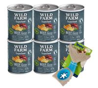 Wild Farm Superfood Beef 6x400g pienso para perros sin cereales & Juguete masticable de hueso de perro de 18 cm (patrón aleatorio)