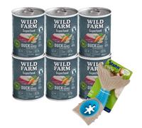 Wild Farm Superfood Pato 6x400g comida para perros sin cereales & Juguete masticable de hueso de perro de 18 cm (patrón aleatorio)