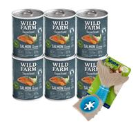 Wild Farm Superfood Salmón 6x400g pienso para perros sin cereales & Juguete masticable de hueso de perro de 18 cm (patrón aleatorio)