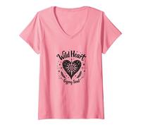 Wild Heart Gypsy Soul Bohemian Spirit Celestial Camiseta Cuello V, Mujer, Rosado, S