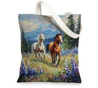 Wild Horses - Bolsa de lona reutilizable para comestibles, para obras de arte, bolsas ligeras con correa para el hombro, Azul, 13x15 Inch