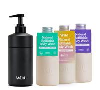 Wild Kit Básico de Jabón Corporal Recargable Natural - Incluye Estuche de Aluminio Negro y 3 Paquetes de Recambios de Gel de Ducha - Incluye Coconut & Vanilla, Fresh Cotton y Energise