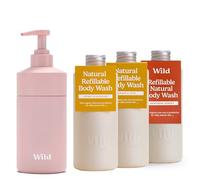 Wild Kit Básico de Jabón Corporal Recargable Natural - Incluye Estuche de Aluminio Rosa y 3 Paquetes de Recambios de Gel de Ducha - Incluye Honey & Almond, Amber & Oud y Santorini Sunset