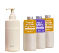 Wild Kit de inicio de gel de baño recargable - Carcasa de aluminio color marfil y 3 recambios en varios aromas - 95% ingredientes naturales - Aromas Coconut & Vanilla Honey & Almond y Amber & Oud