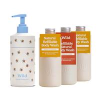 Wild Kit de inicio de gel de baño recargable - Carcasa de aluminio de abejas y 3 recambios de gel de ducha en varios aromas - 95% ingredientes naturales - Honey & Almond Amber & Oud Santorini Sunset