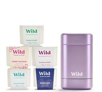 Wild Kit Desodorante Natural Recargable | Carcasa Morada Con Recargas 5 | 98% ingredientes de origen natural | Protección hasta 24 h | Sin Aluminio | Cotton, Cherry Blossom, Coconut, Mint, Ocean Mist