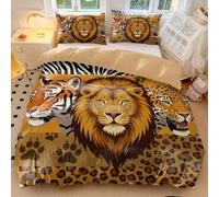 Wild Majesty Bedding: Juego de funda de edredón con estampado animal tamaño King, diseño geométrico de león, tigre, leopardo, ropa de cama de microfibra suave con temática de selva para decoración de