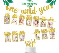 Wild One Birthday Decorations - Gold Glitter One Wild Year Banner + Baby 1st Birthday Photo Banner From Newborn to 12 Month - Safari Jungle