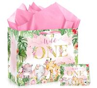 Wild One - Bolsa de regalo de cumpleaños para primer cumpleaños, bolsa de papel de regalo, safari de la selva, bolsas de fiesta de primer cumpleaños con papel de seda y tarjeta, suministros de primer