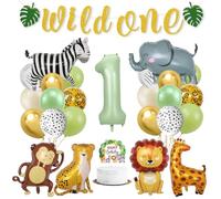 Wild One Decoración Cumpleaños , La Selva 1 Año Decoración Para El Cumpleaño de Niño Niña, Globos de Safari para Primer Cumpleaños, Globo Verde de Animales del Bosque para Cumpleaño Infantiles
