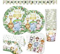 Wild One Vajilla de Fiesta Cumpleaños, Jungle Safari Tema Vajilla 98 Piezas Platos de Papel Vasos Servilletas Mantel y Banner para Niños Niñas, 1er Cumpleaños de Animales Vajilla Juego, 24 Invitados