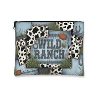 Wild Ranch - Bolsa de maquillaje vintage con estampado de vaca para mujer, organizador portátil de lona con cremallera, bolsa de aseo de viaje de verano, Azul, 7x9 Inch, Ranch