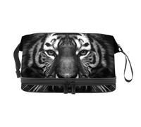 Wild Tiger Head on Black - Neceser de doble capa para mujeres y niñas, neceser de viaje, bolsa organizadora de maquillaje con compartimento para brochas, multicolor, 27x15x14 cm/10.6x5.9x5.5 in,