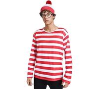 Wildarms ¡Disfraz Completo de Wally! Camisa Rayas Roja/Blanca + Gafas + Sombrero - Triunfa en Halloween, Cosplay y Fiestas Adultas (S/M)