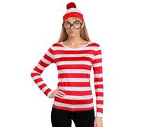 Wildarms ¡Disfraz Completo de Wally! Camisa Rayas Roja/Blanca + Gafas + Sombrero - Triunfa en Halloween, Cosplay y Fiestas Adultas (S/M)