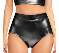 Wildarms Pantalones Cortos metálicos de Mujer de Cintura Alta, Brillo Espejo y Elasticidad para Danza y Festivales (FR/ES, Letras, XXL, Regular, Regular, Negro)